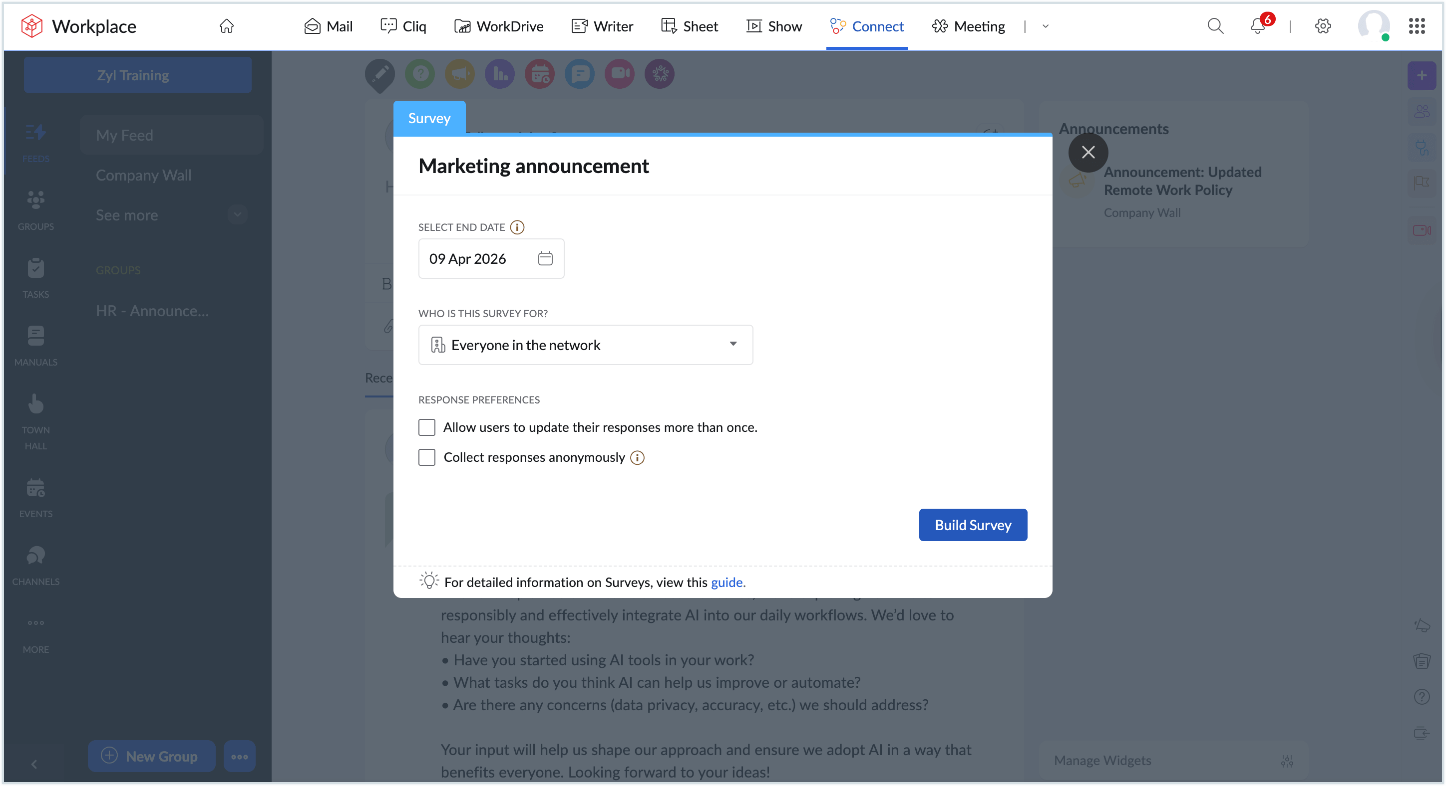 Screenshot to create a survey