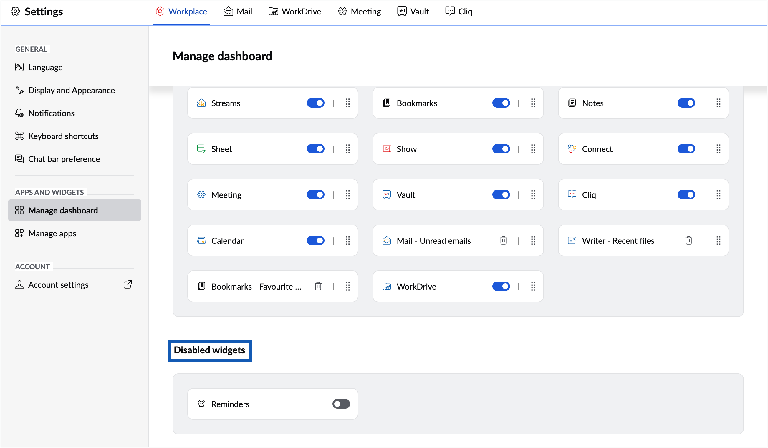 Screenshot of disabled widget section
