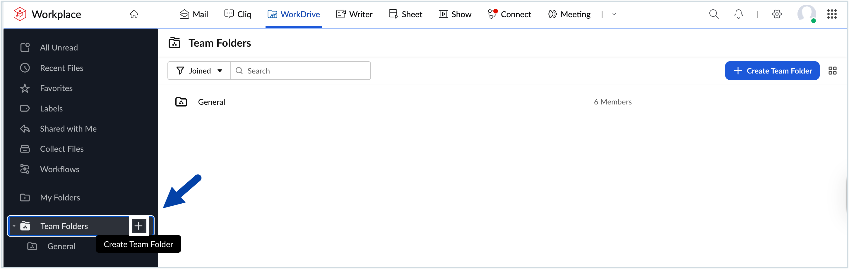 Screenshot of creating team folder