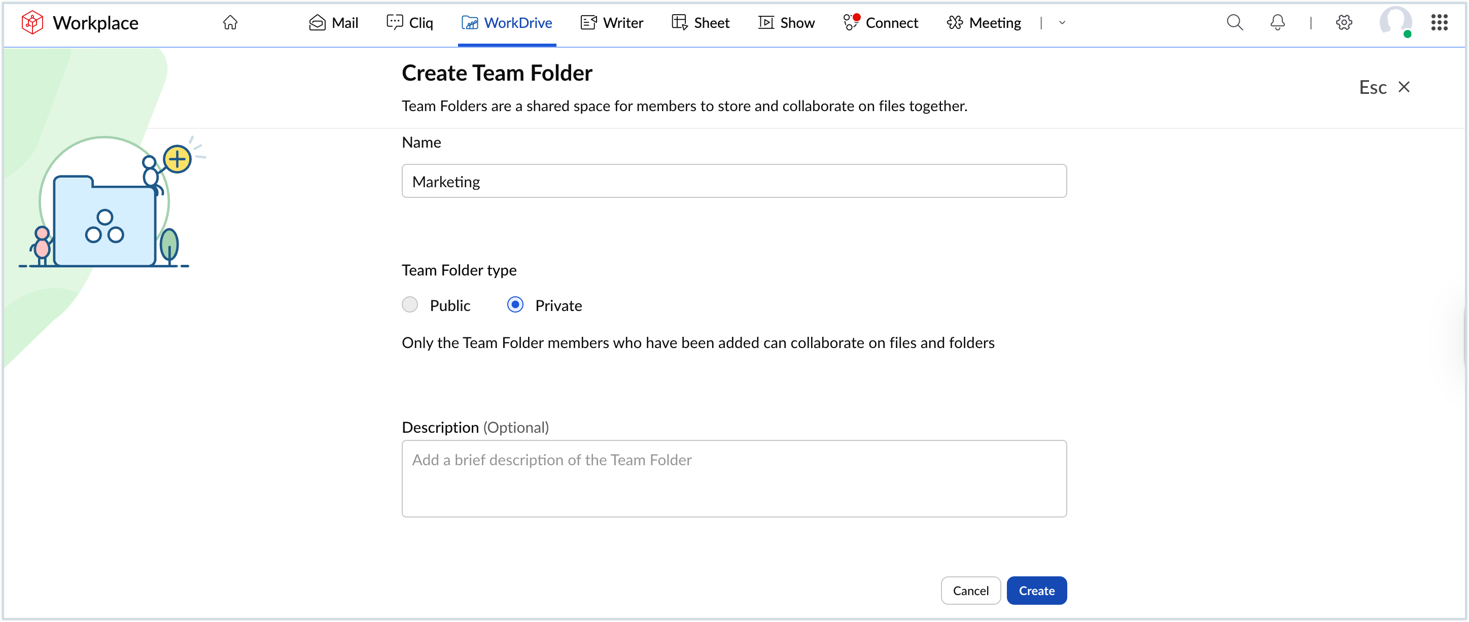 Screenshot of adding team folder details