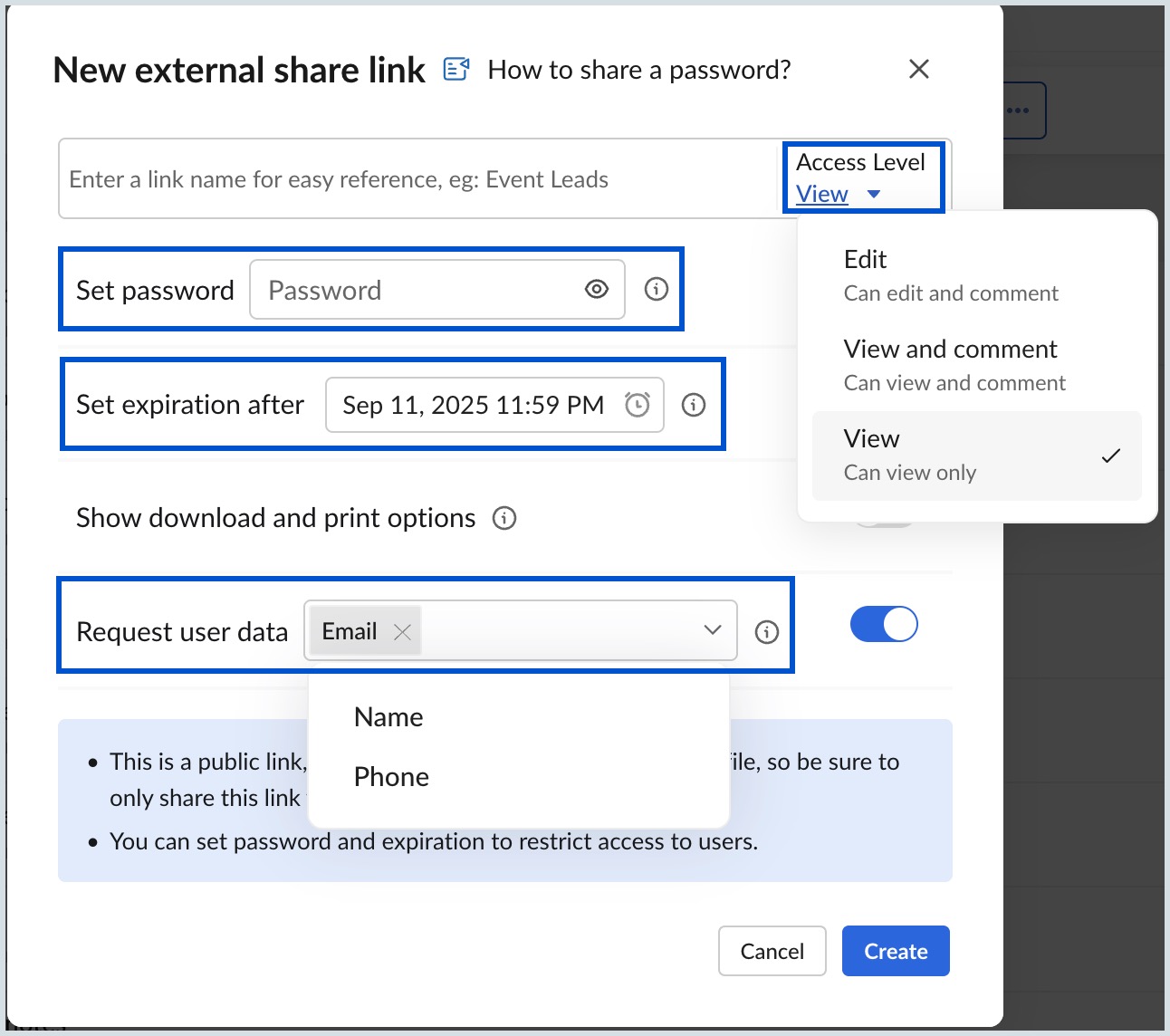 Sharing documents via external link Sharing documents via external link