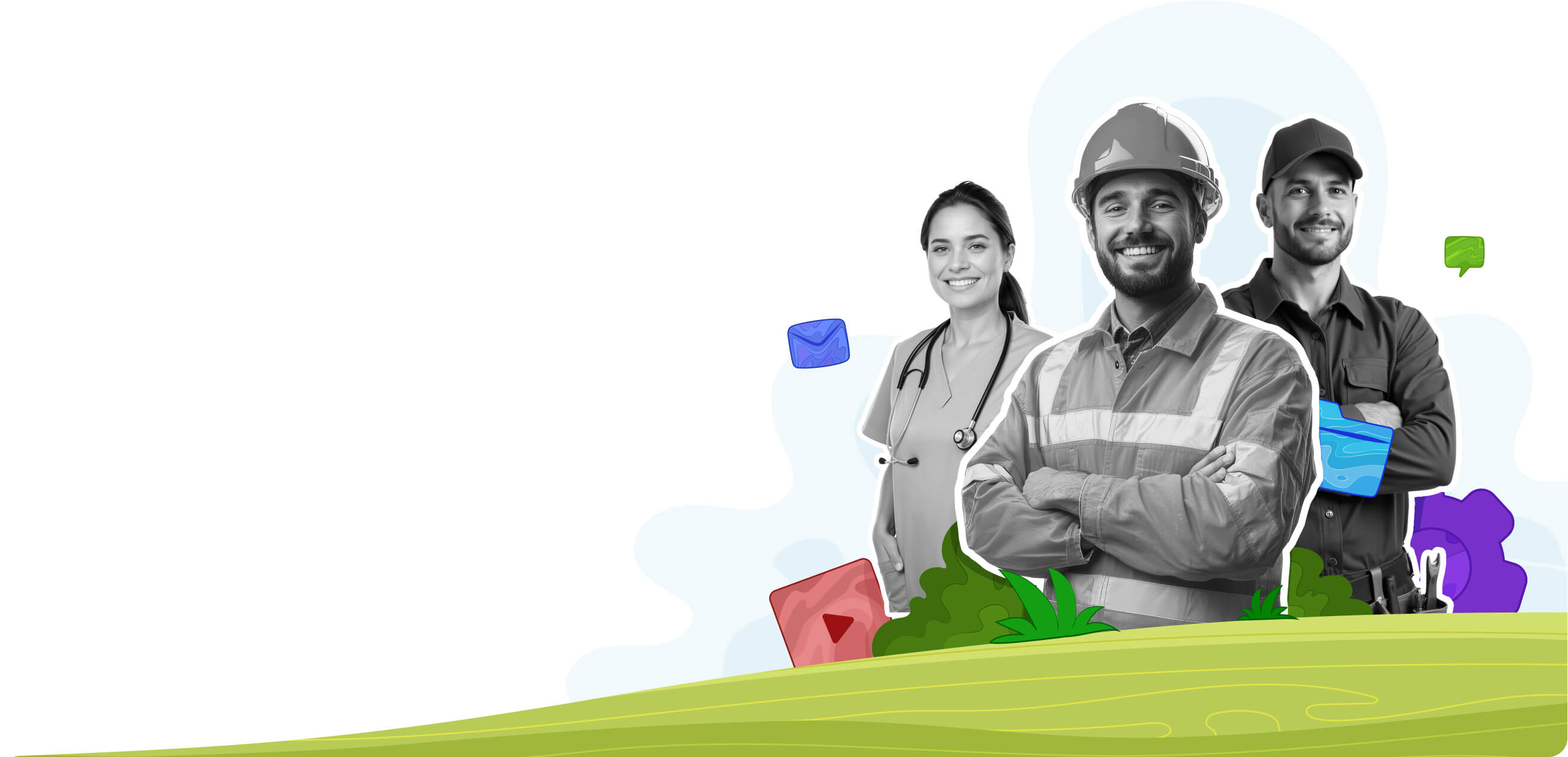 Illustration of a doctor, a construction worker, and a technician, representing frontline workers supported by Zoho Workplace.