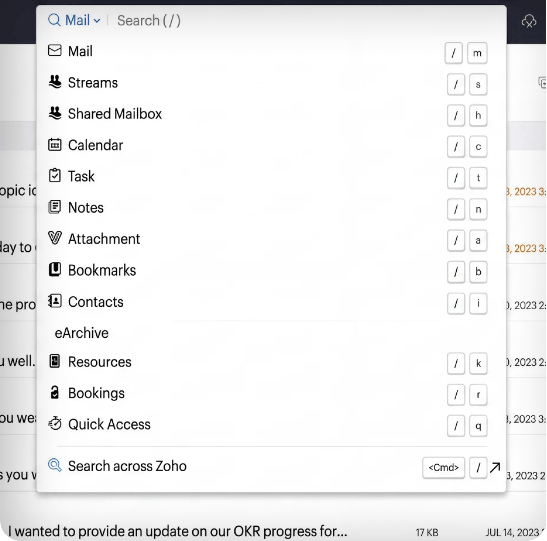 Zoho Mail advanced search bar with expanded filter parameters including sender, attachments, and date range.