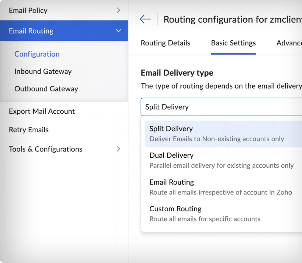 Zoho Mail admin console displaying email routing configuration options, including dual delivery and split delivery.