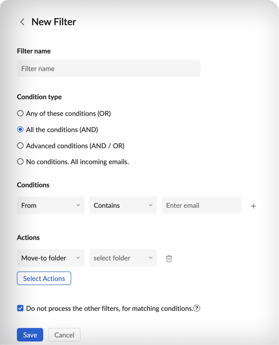 Zoho Mail incoming email filter setup screen detailing criteria and automated actions.