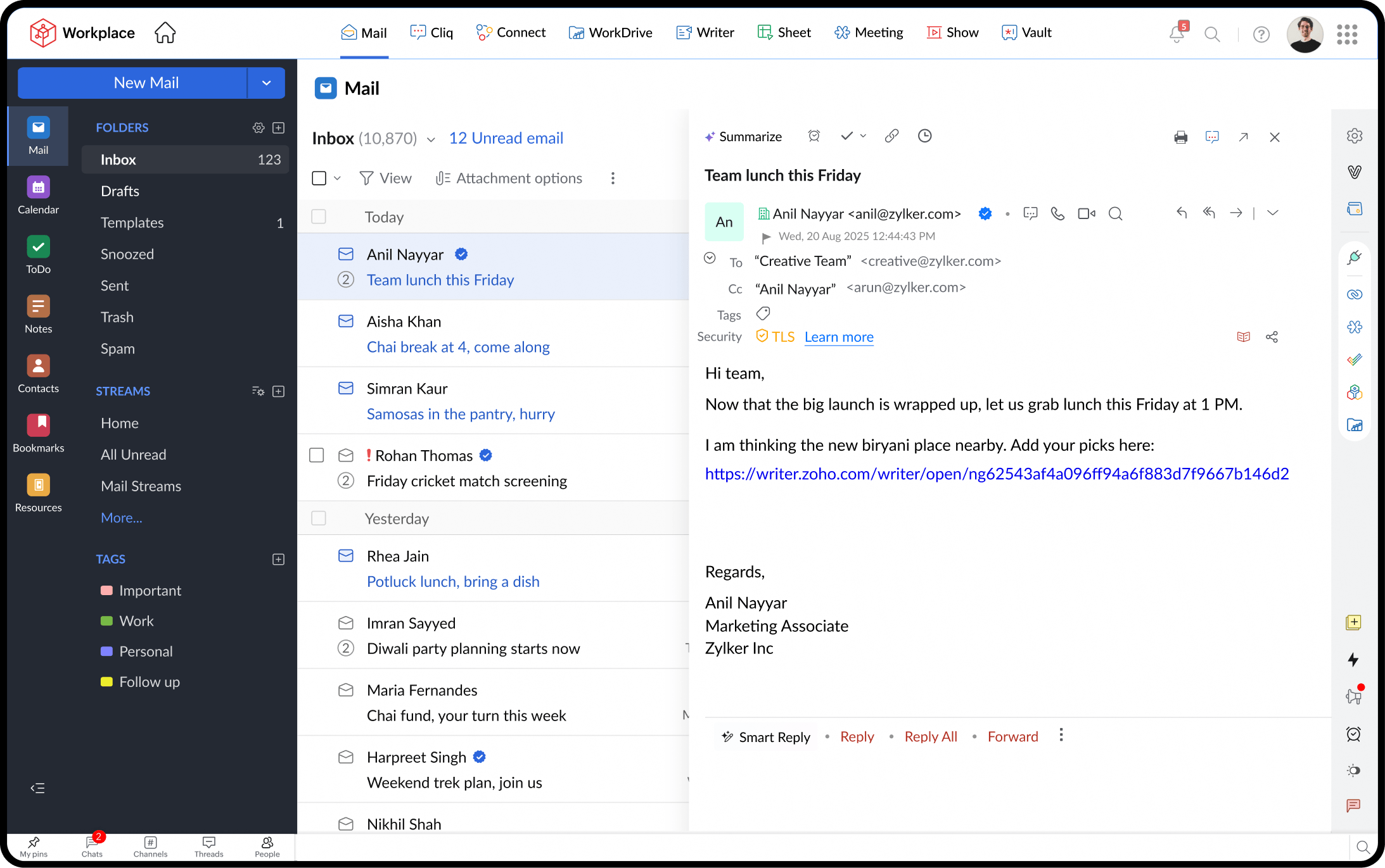 Zoho Mail interface layout overview showing navigation panel, inbox, and email reading pane.