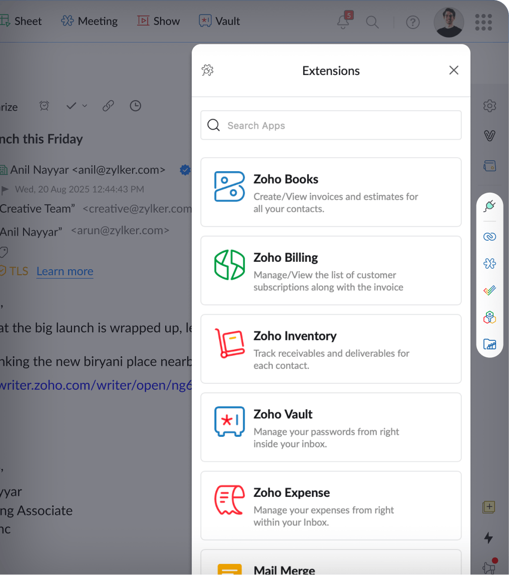 Zoho Mail eWidget sidebar displaying integrations with external CRM and task management apps.