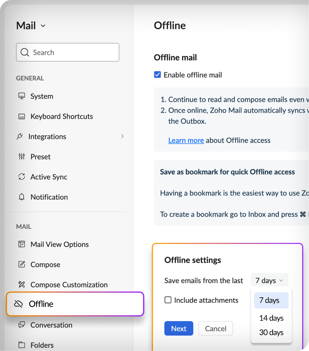 Zoho Mail offline mode settings page with offline sync storage and access parameters enabled.