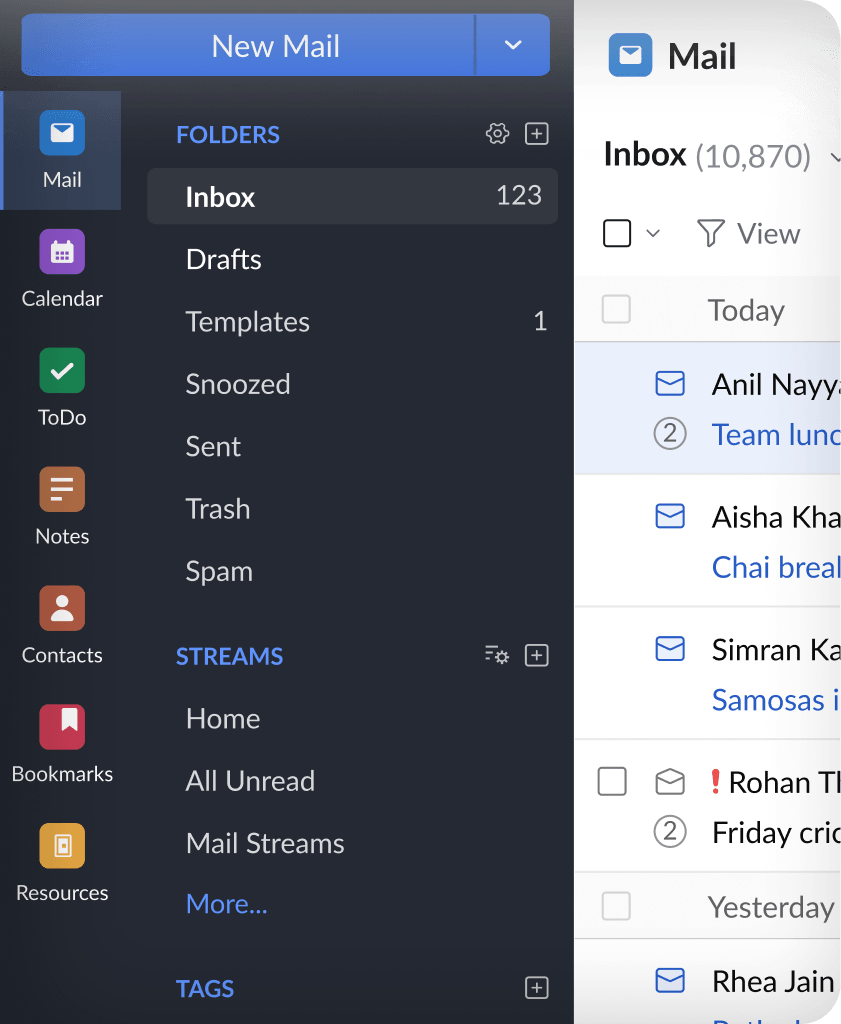 Zoho Mail suite navigation sidebar featuring integrated Calendar, ToDo, Notes, and Contacts icons.