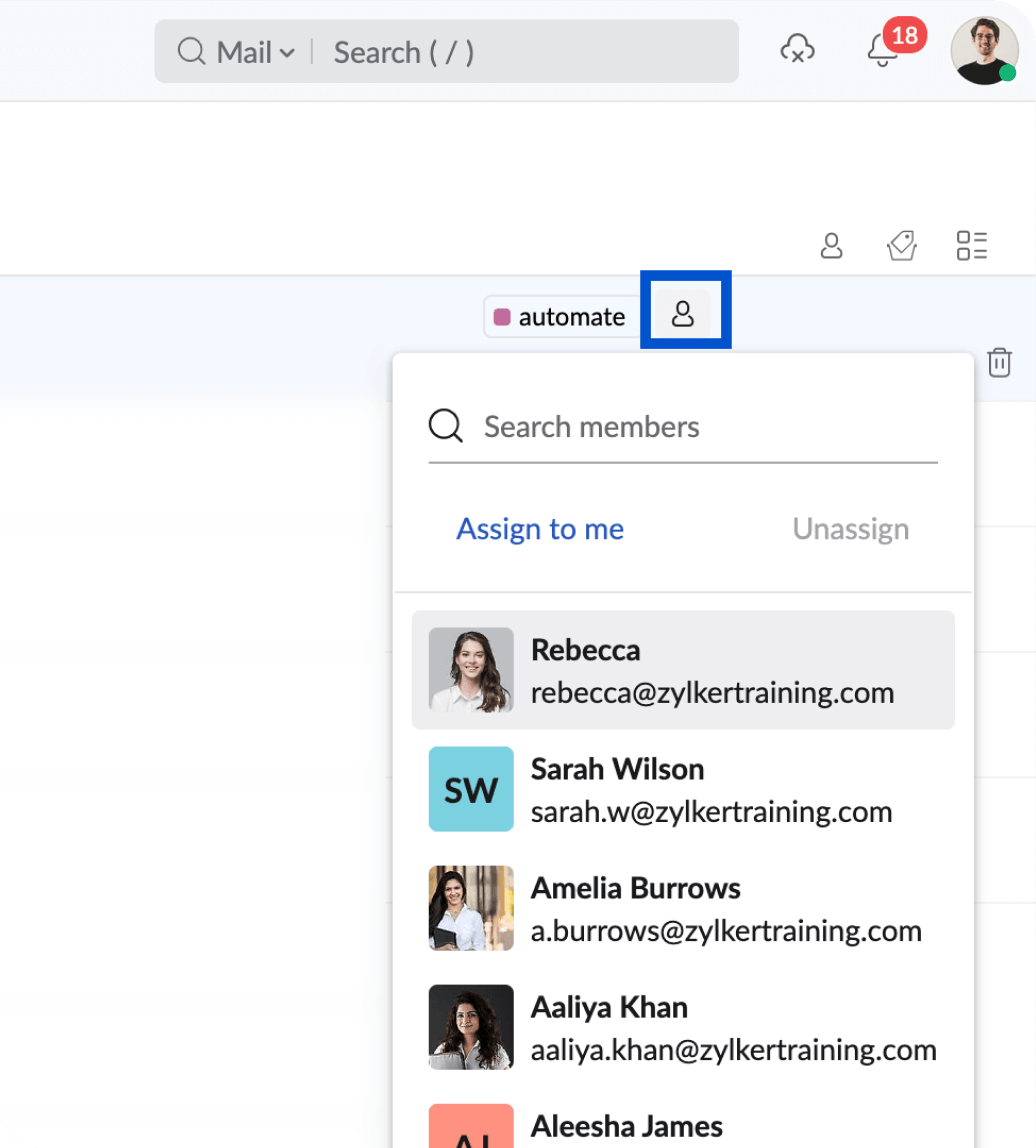 Zoho Mail shared mailbox interface with an incoming email assigned to a team member.