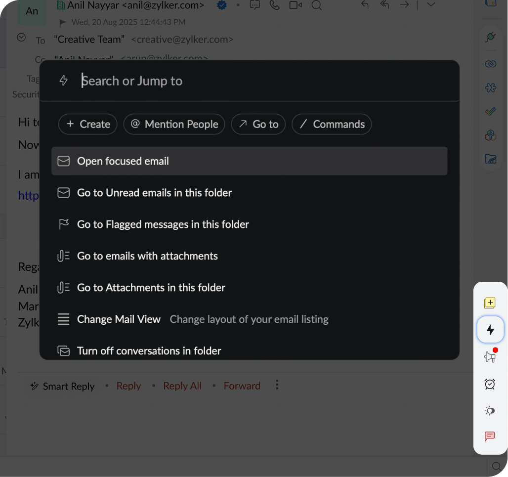 Zoho Mail assistant displaying quick actions.