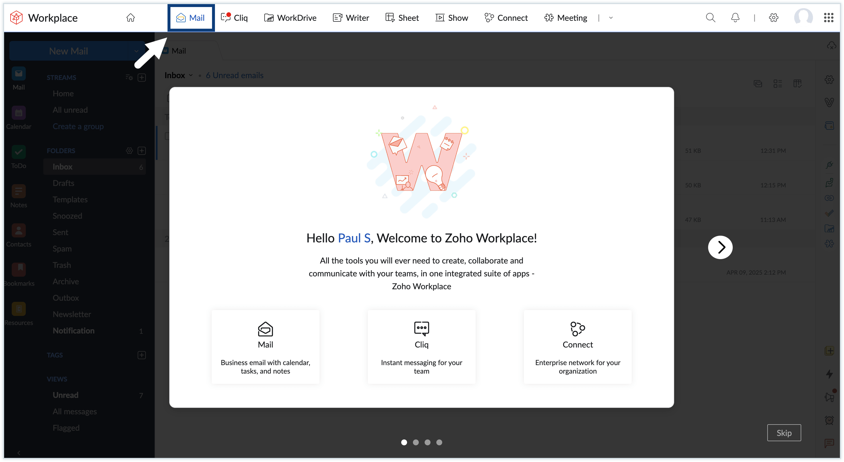 Screenshot of welcome page