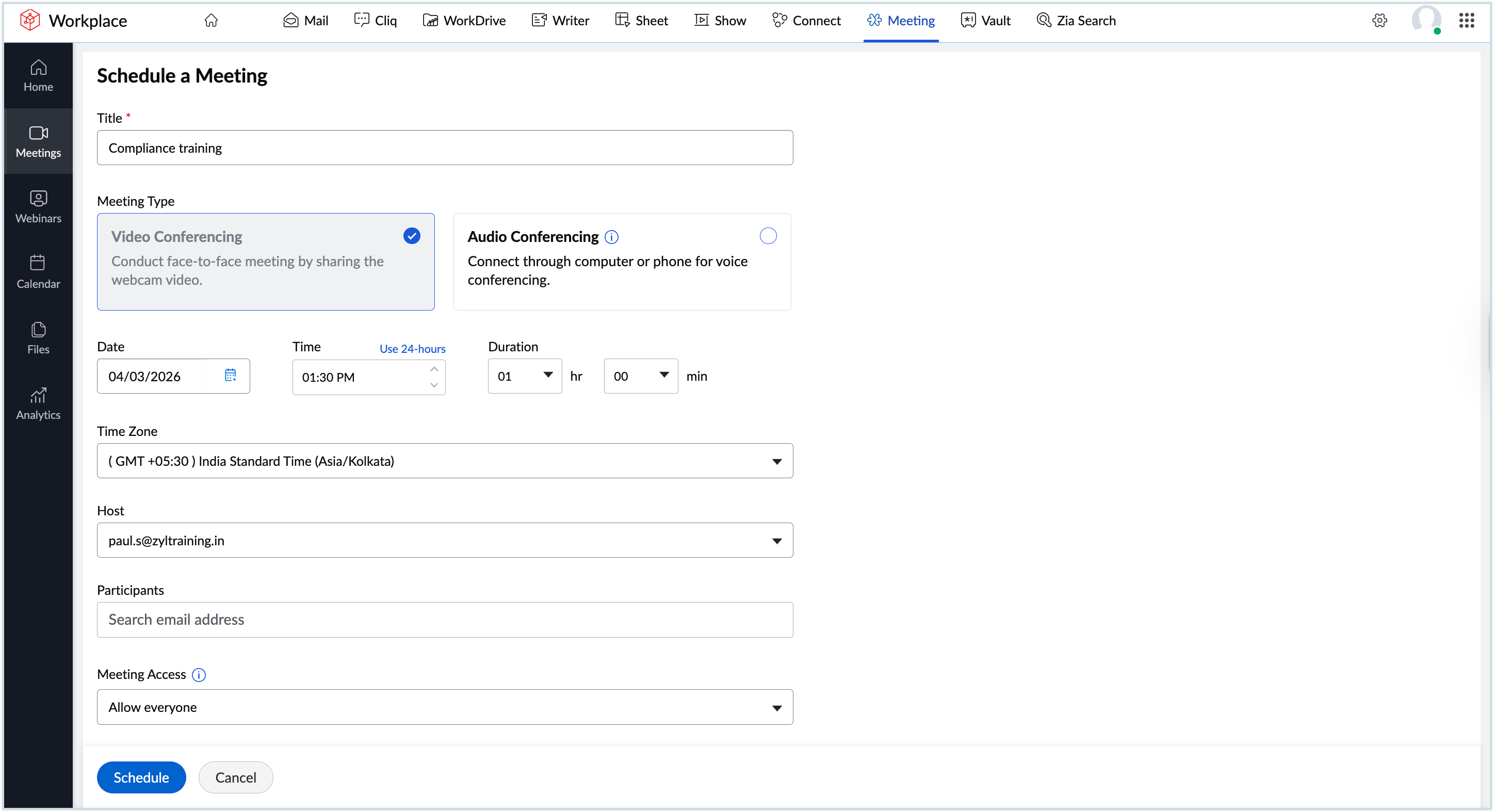 Screenshot to create the meeting 
