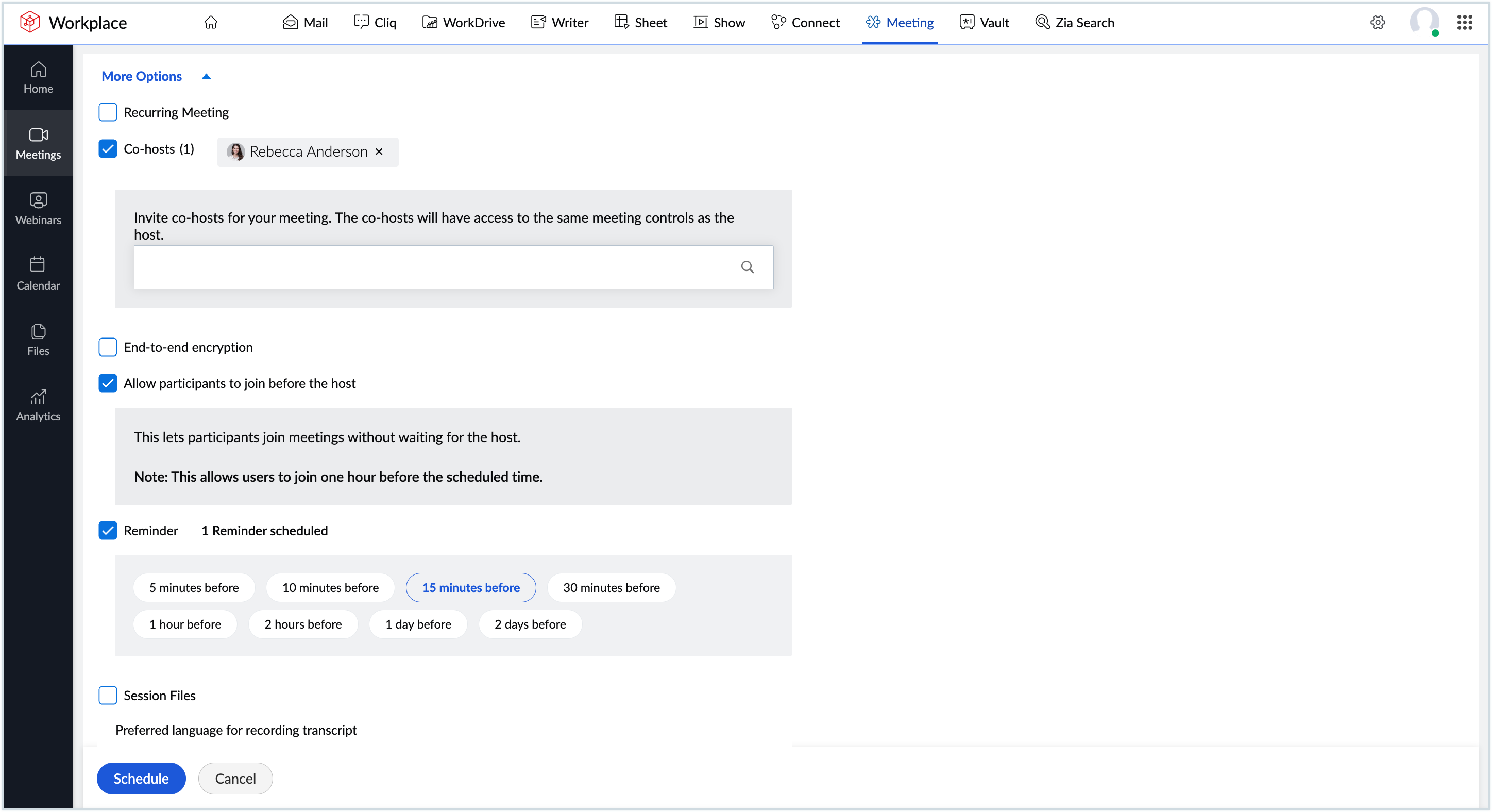 Screenshot of more options section