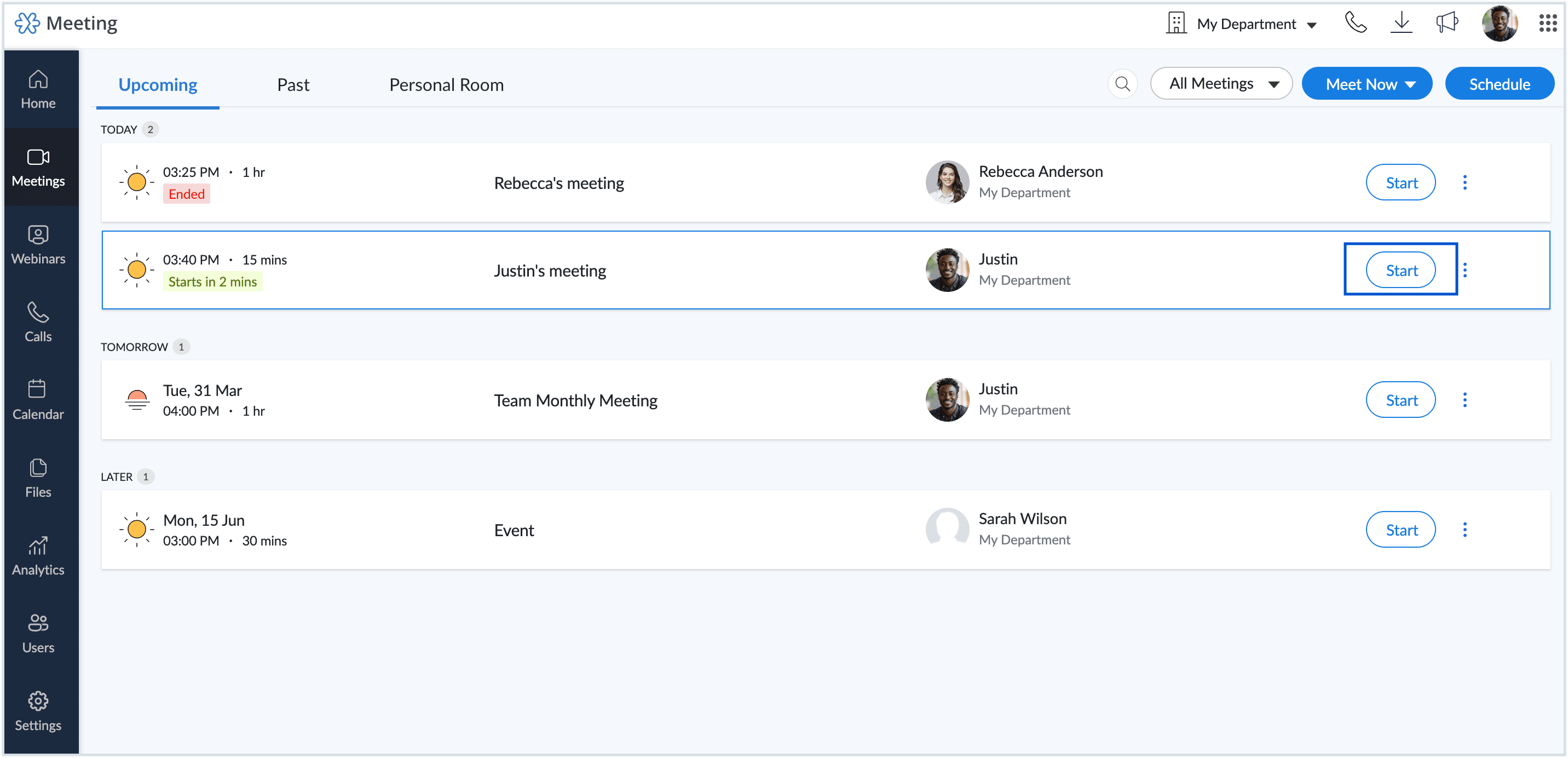 Screenshot of starting a meeting