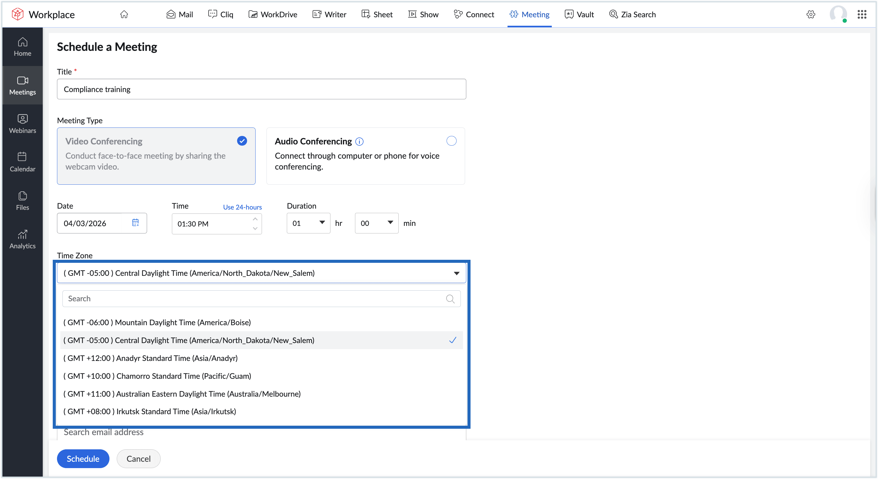 Screenshot of the timezone setting