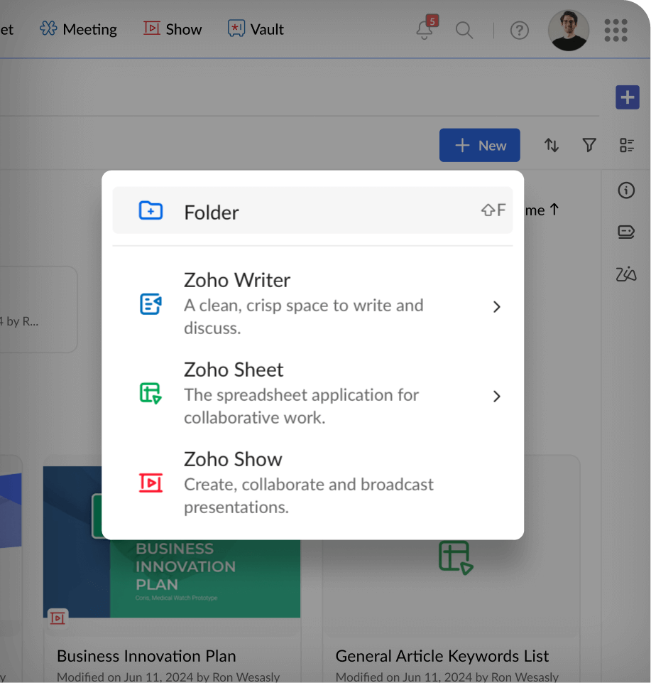 Zoho WorkDrive screen showing a popup with options to create new folder, Zoho Writer, Zoho Sheet, and Zoho Show.