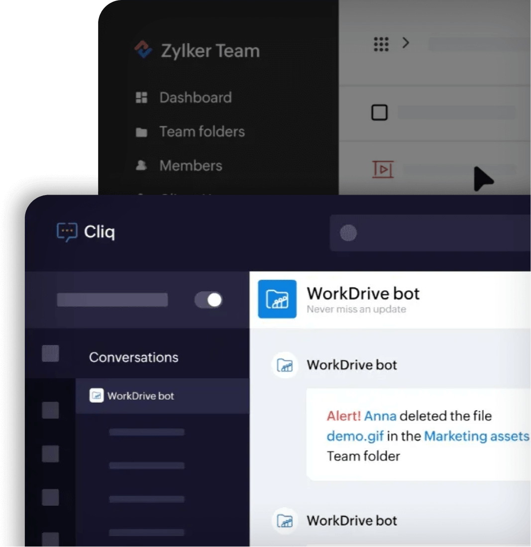 Two screens of WorkDrive and Cliq showing an action in WorkDrive triggering an alert in Cliq.