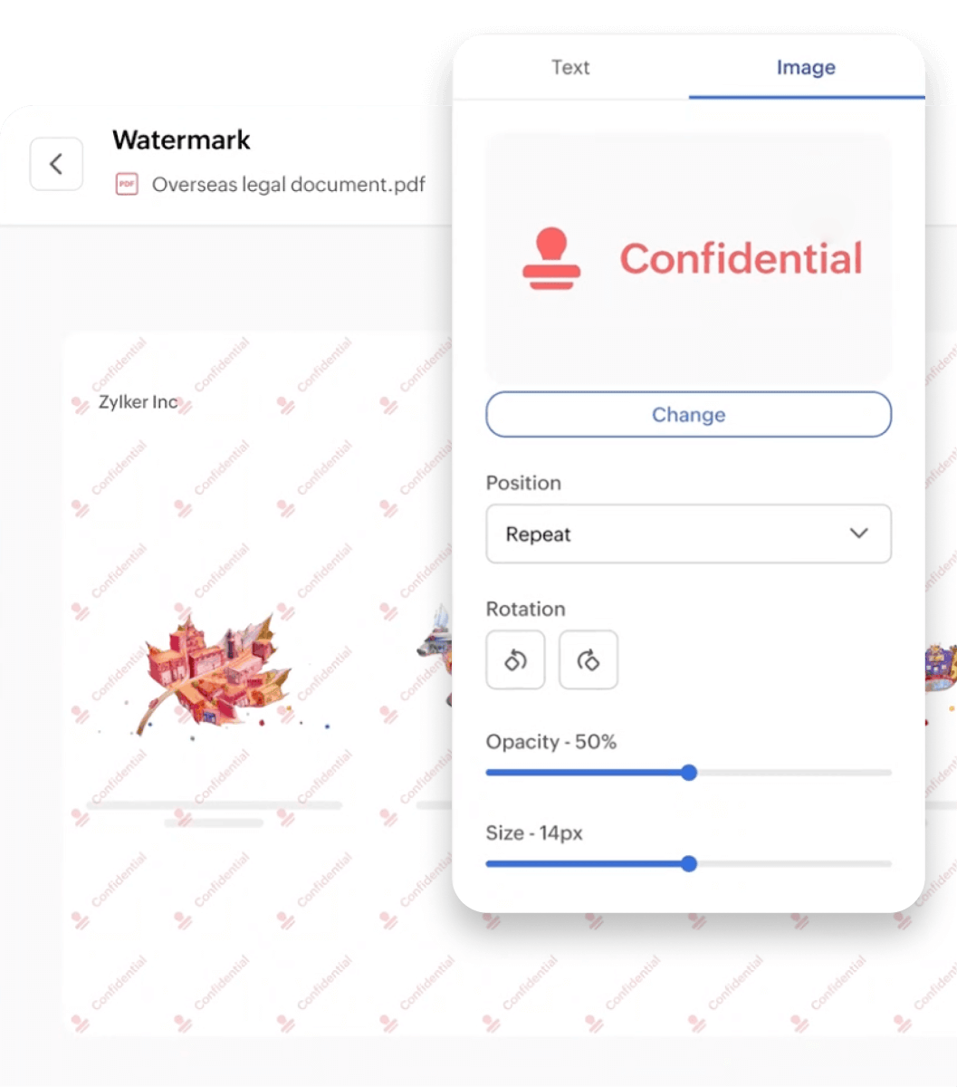 A pdf screen titled watermark with the option menu in the right which allows to adjust opacity, size, and orientation.