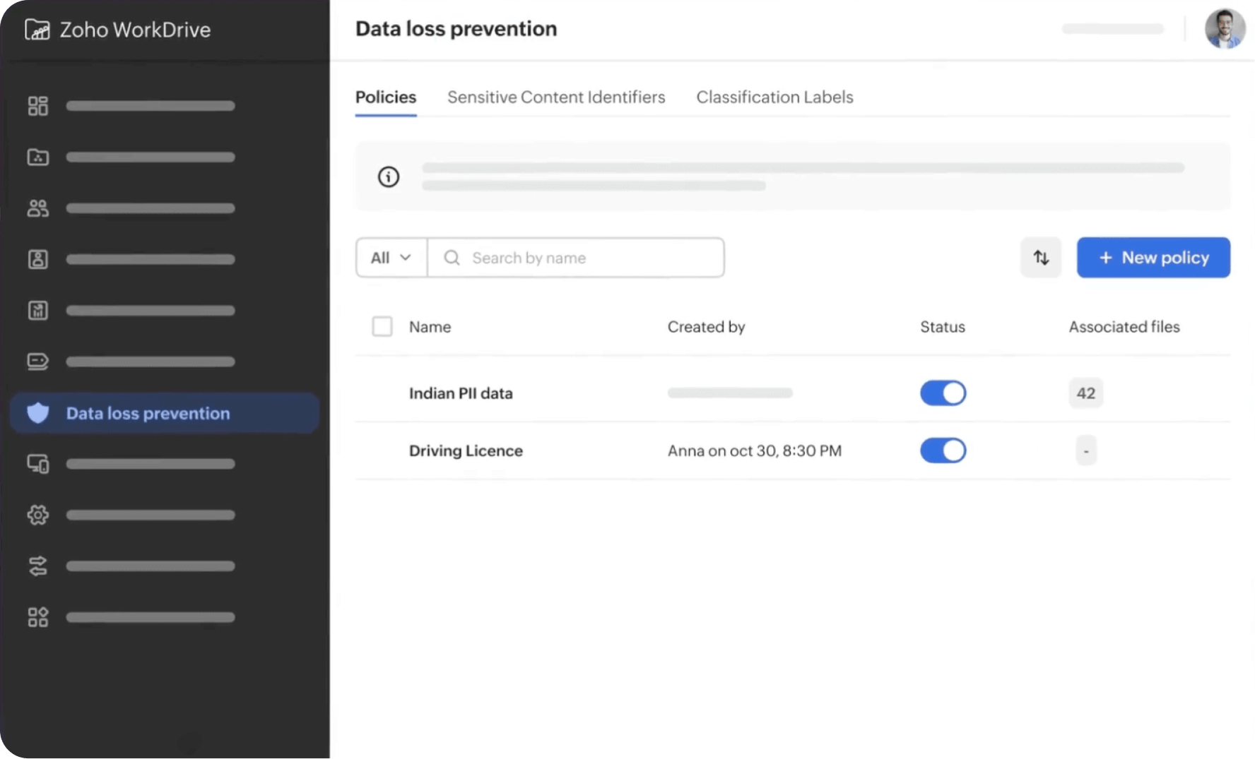 A Zoho WorkDrive screen that shows the data loss prevention option with policy names, created person along with date and time, status and the button to add a new policy.