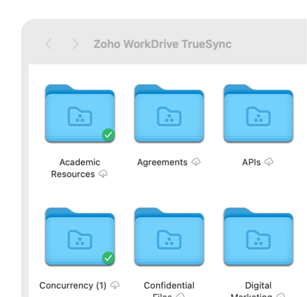 A screen of Mac folders that are named. Two of them have green check marks on them.