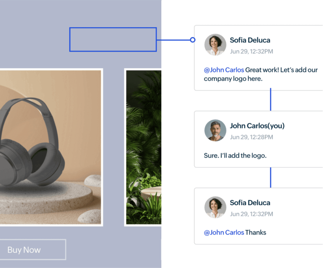 A screen that shows a headphone along with the buy now button below it with a couple of comments to the right side of it.