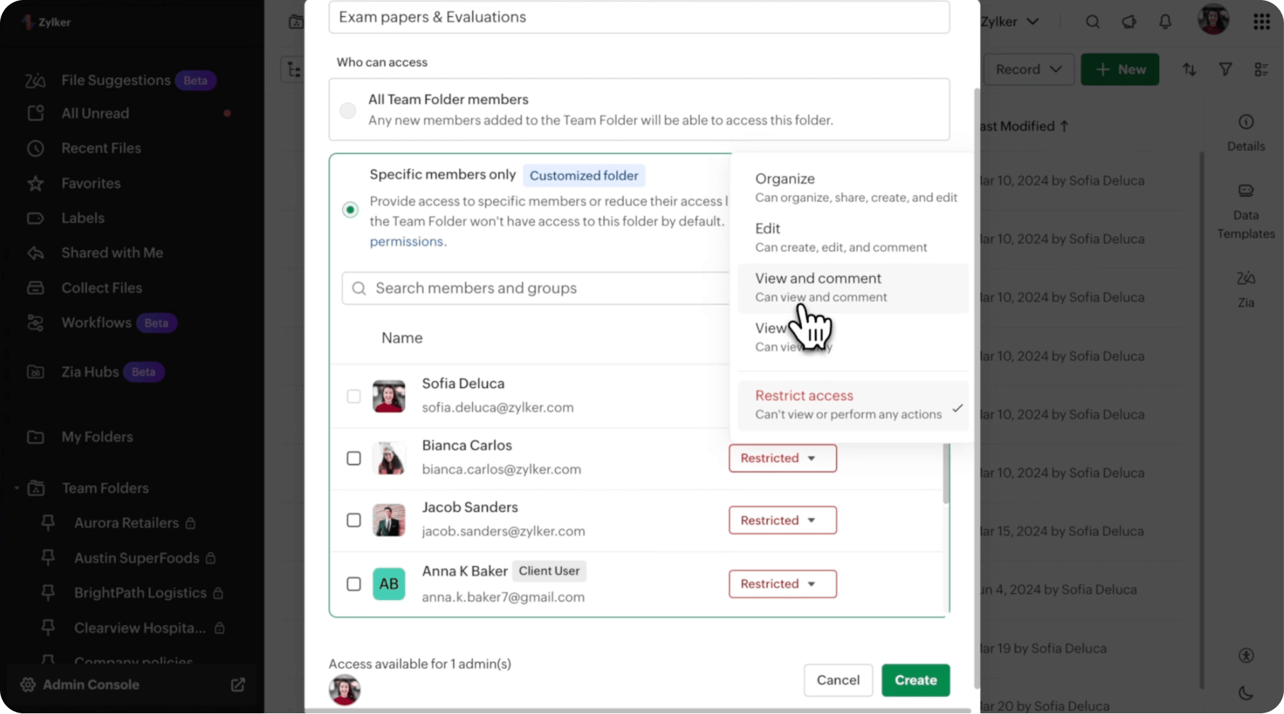 A WorkDrive screen with a list of options and folders in the LHS. The main screen highlighted shows who can access the team folders with a couple of user names, the level of access they have, and the option to grant them access along with two buttons to cancel or create in the bottom.