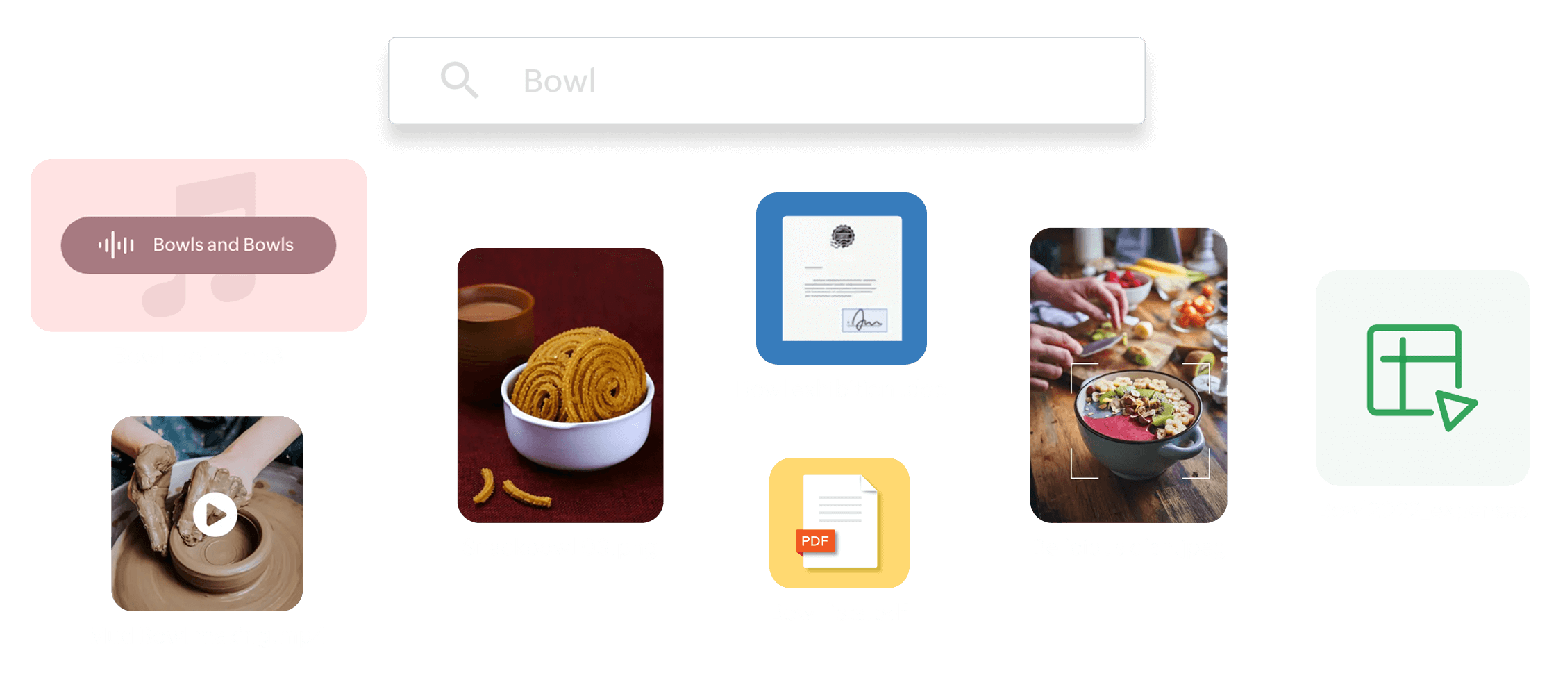 A search bar with 'Bowl' as a placeholder in it. There is an audio file, a video, a snack bowl, doc, pdf, and a spreadsheet below it.