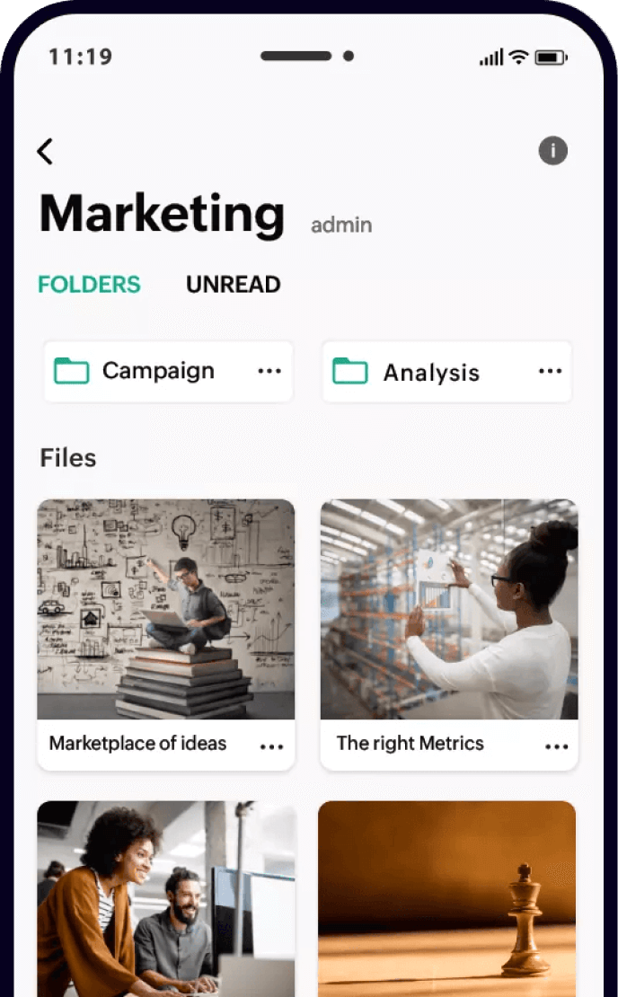 Zoho WorkDrive screen in mobile view with the title Marketing along with two folders and a couple of files below them.