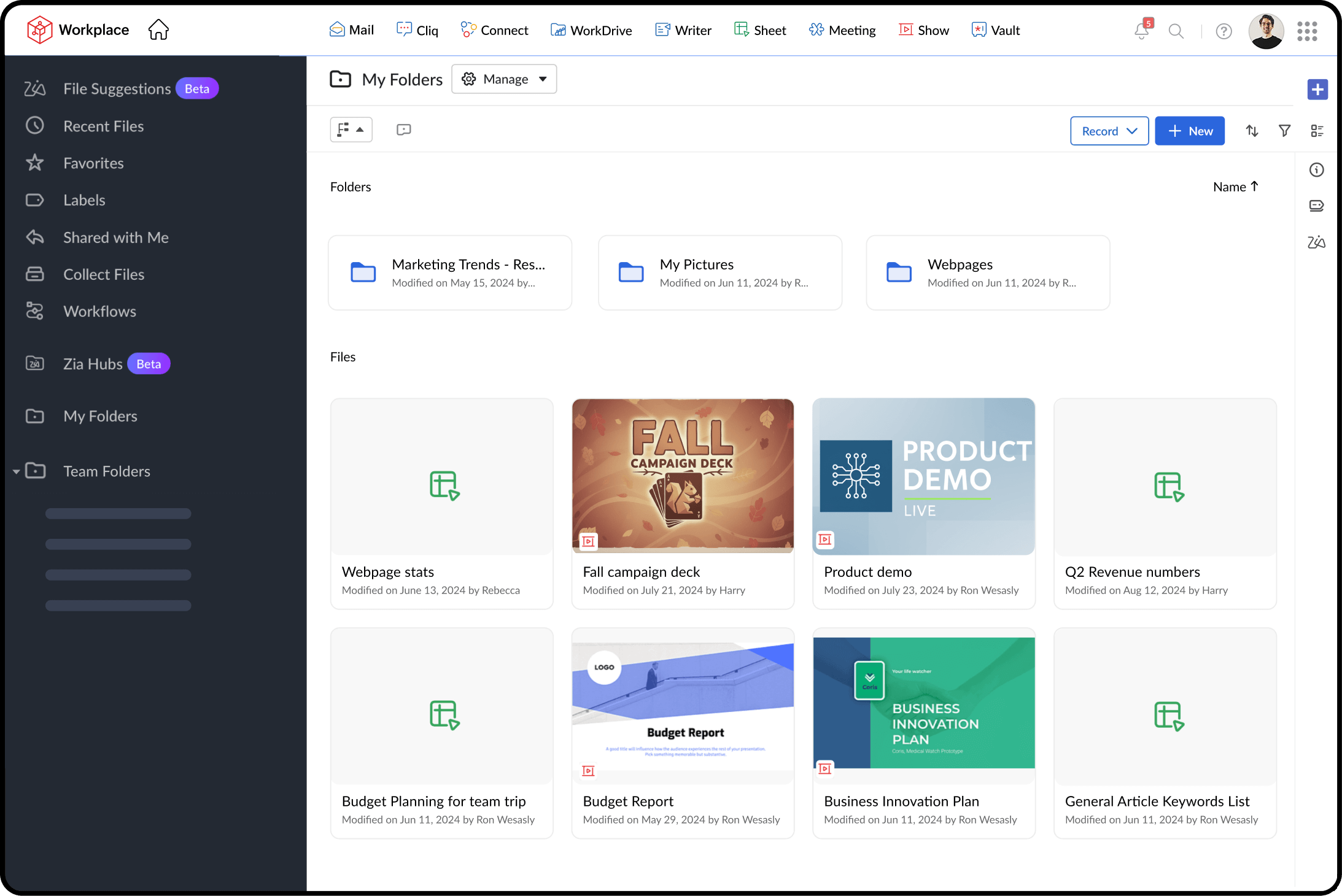 Zoho WorkDrive screen with folders, spreadsheets, and presentations.