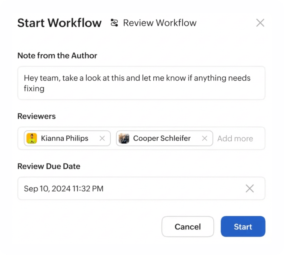 A screen showing start and review workflow, note from the author, reviewers, review due date, along with cancel and start buttons.