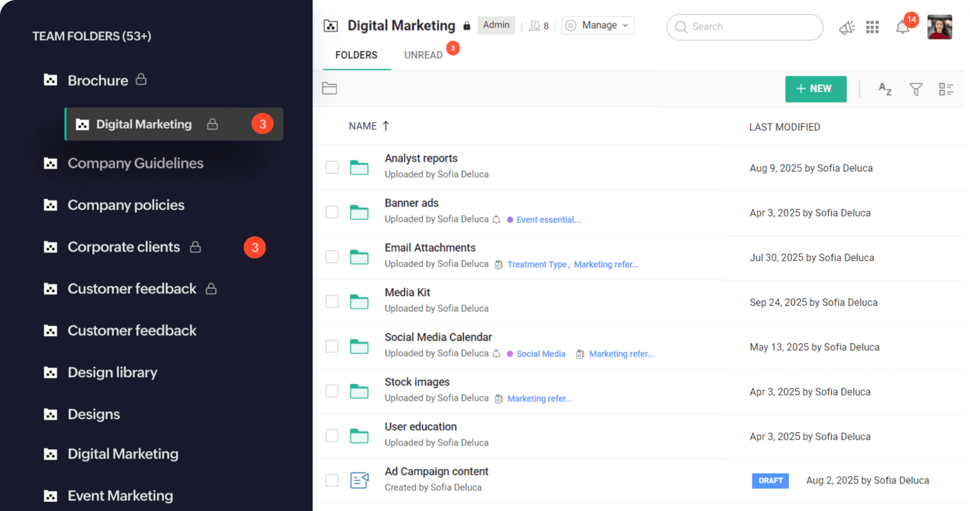 A team folder screen with a list of folders in the LHS and more folders and a document in the RHS.