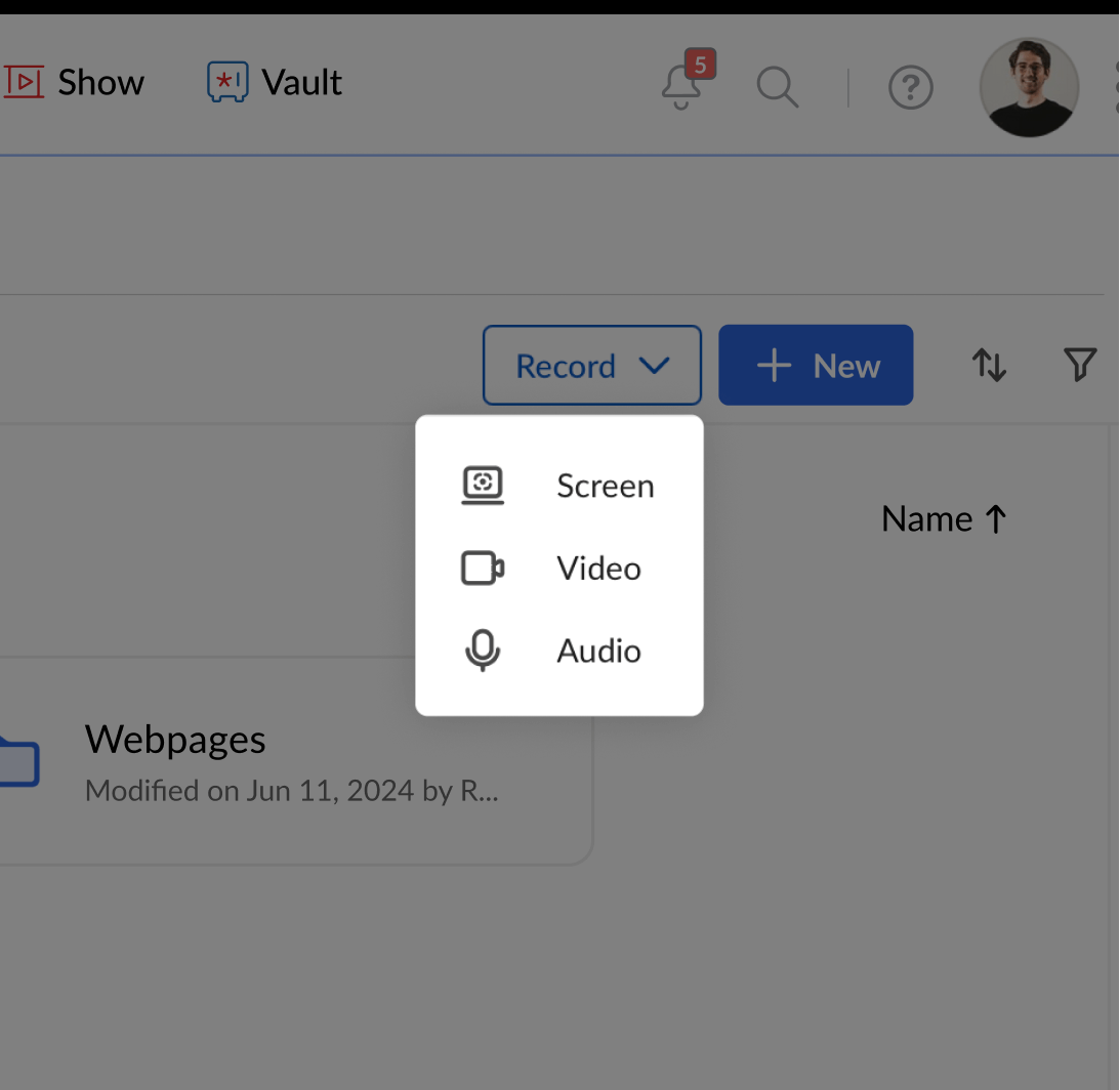 A Zoho WorkDrive screen with buttons to record and create new files. The words Screen, Video, and Audio are highlighted.