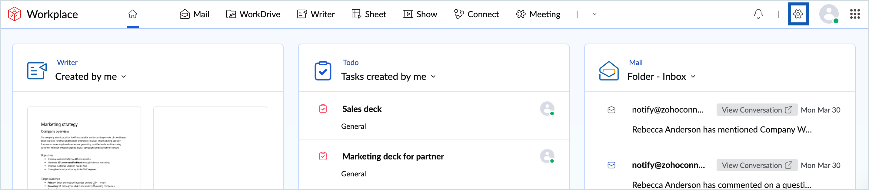 Screenshot of settings top pane