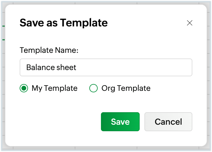 Screenshot of saving the sheet as template