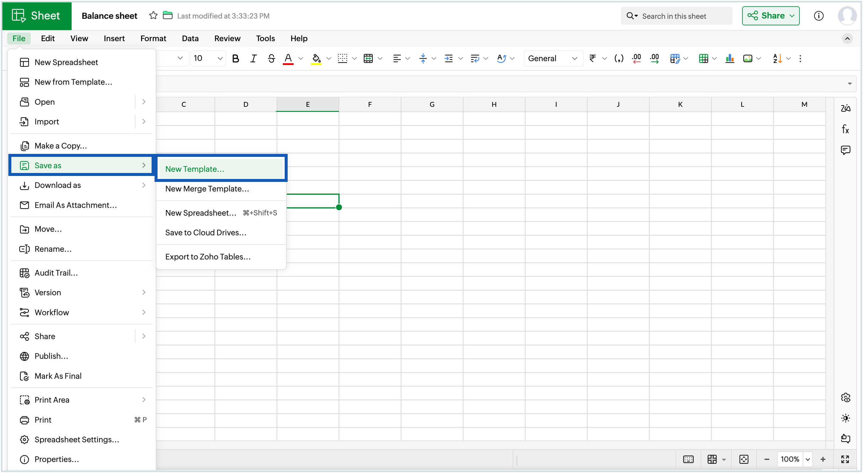 Screenshot of saving the sheet as template