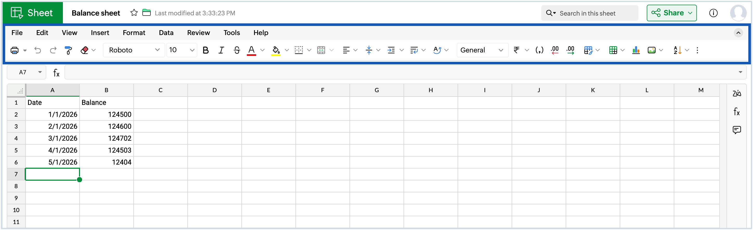 Screenshot of sheet's toolbar