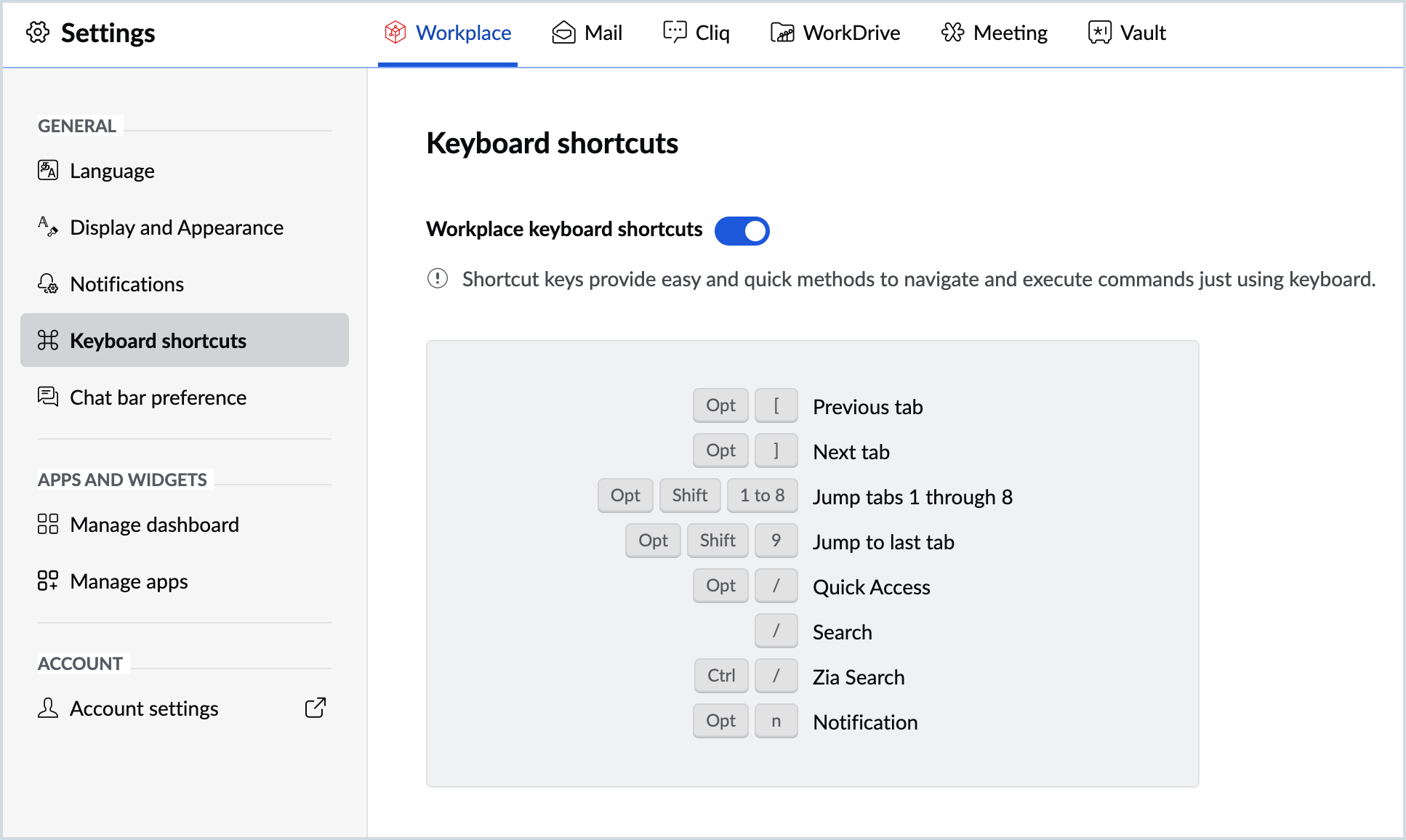 Screenshot of keyboard shortcuts