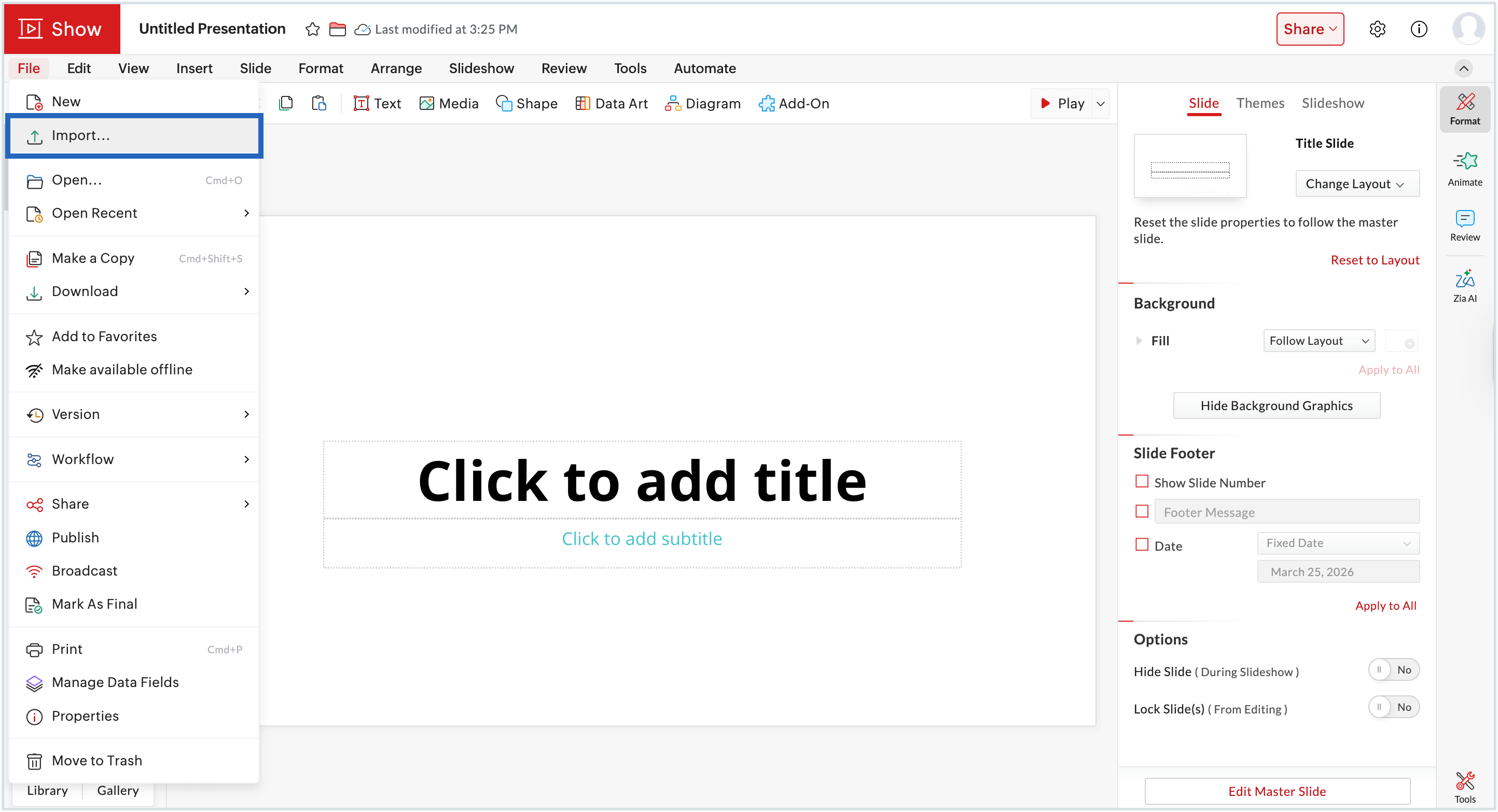Screenshot of import files section 