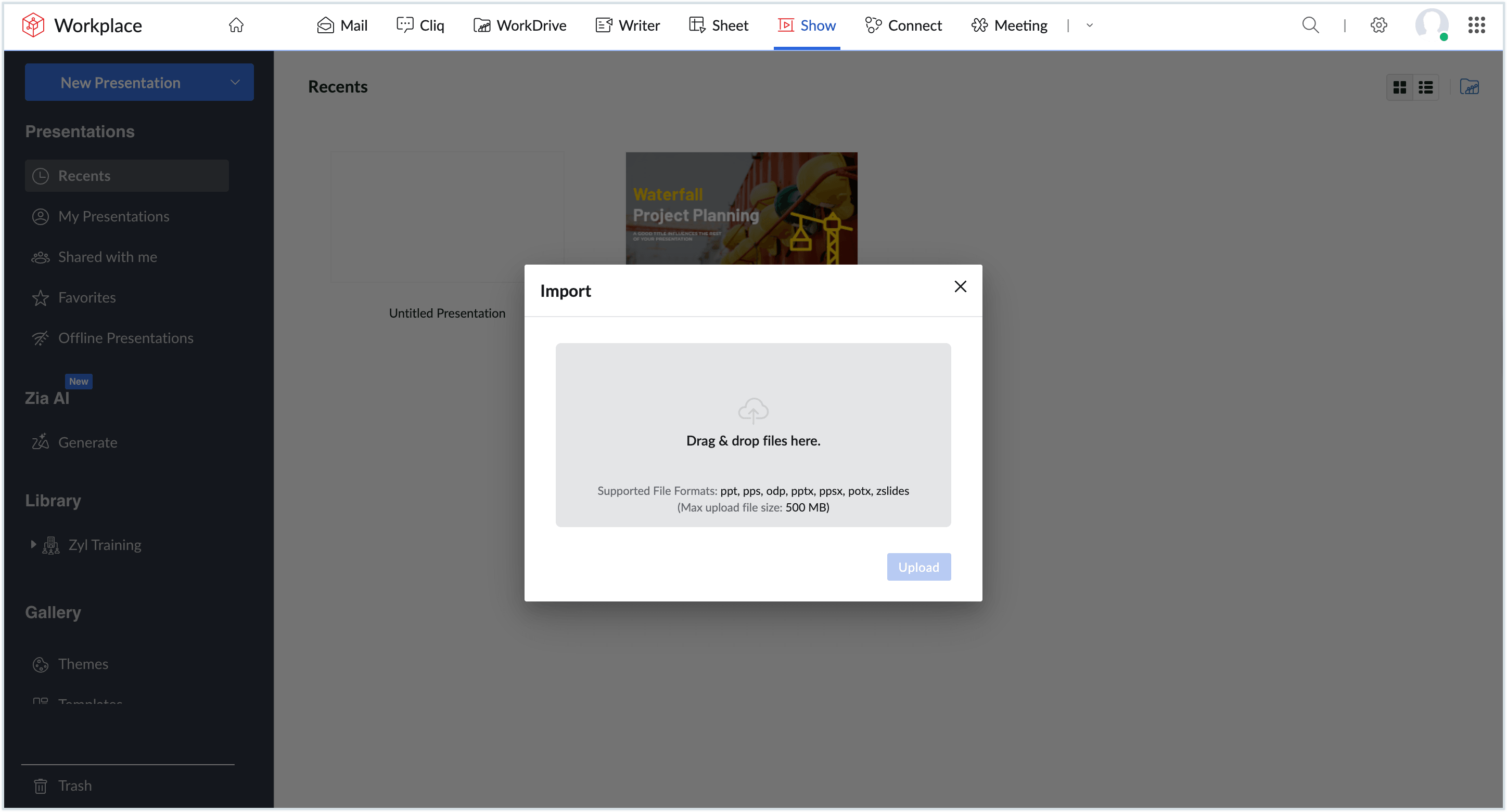 Screenshot of the import section