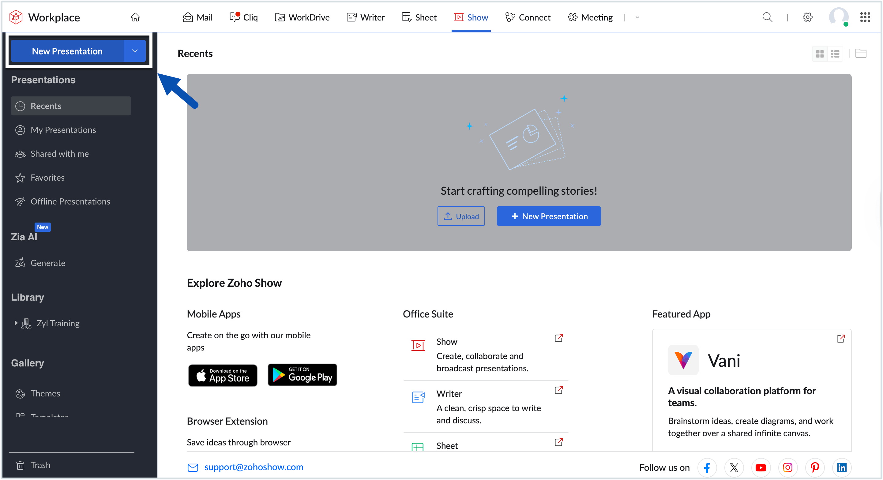 Screenshot to create a new presentation