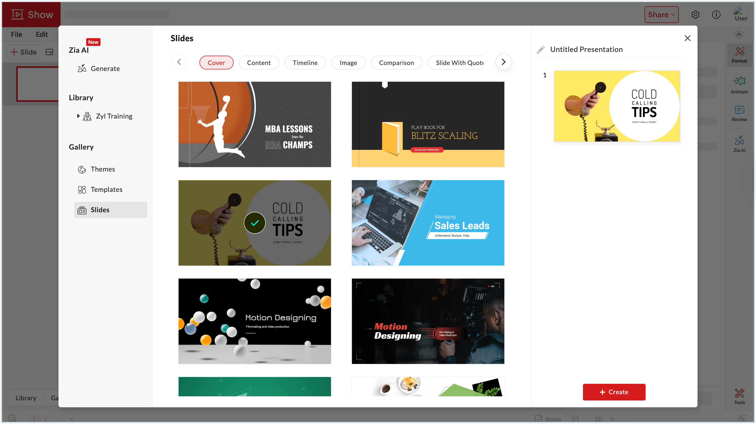 Screenshot of the slides section