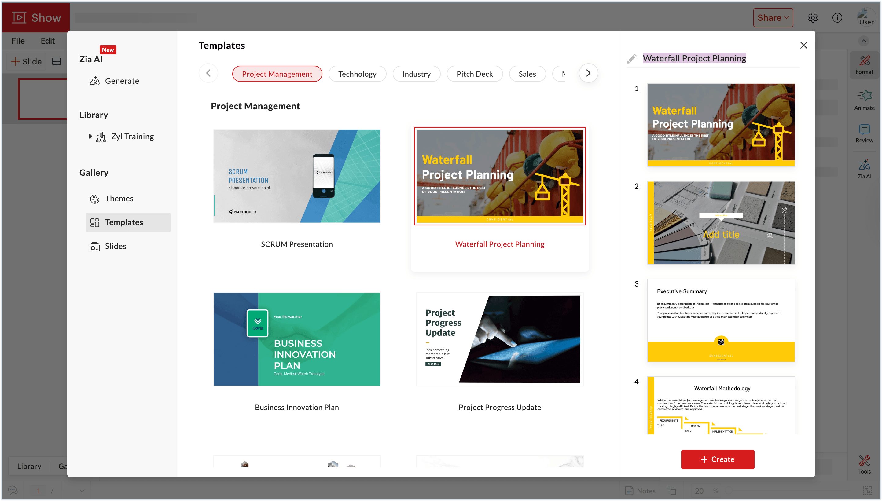 Screenshot of template section