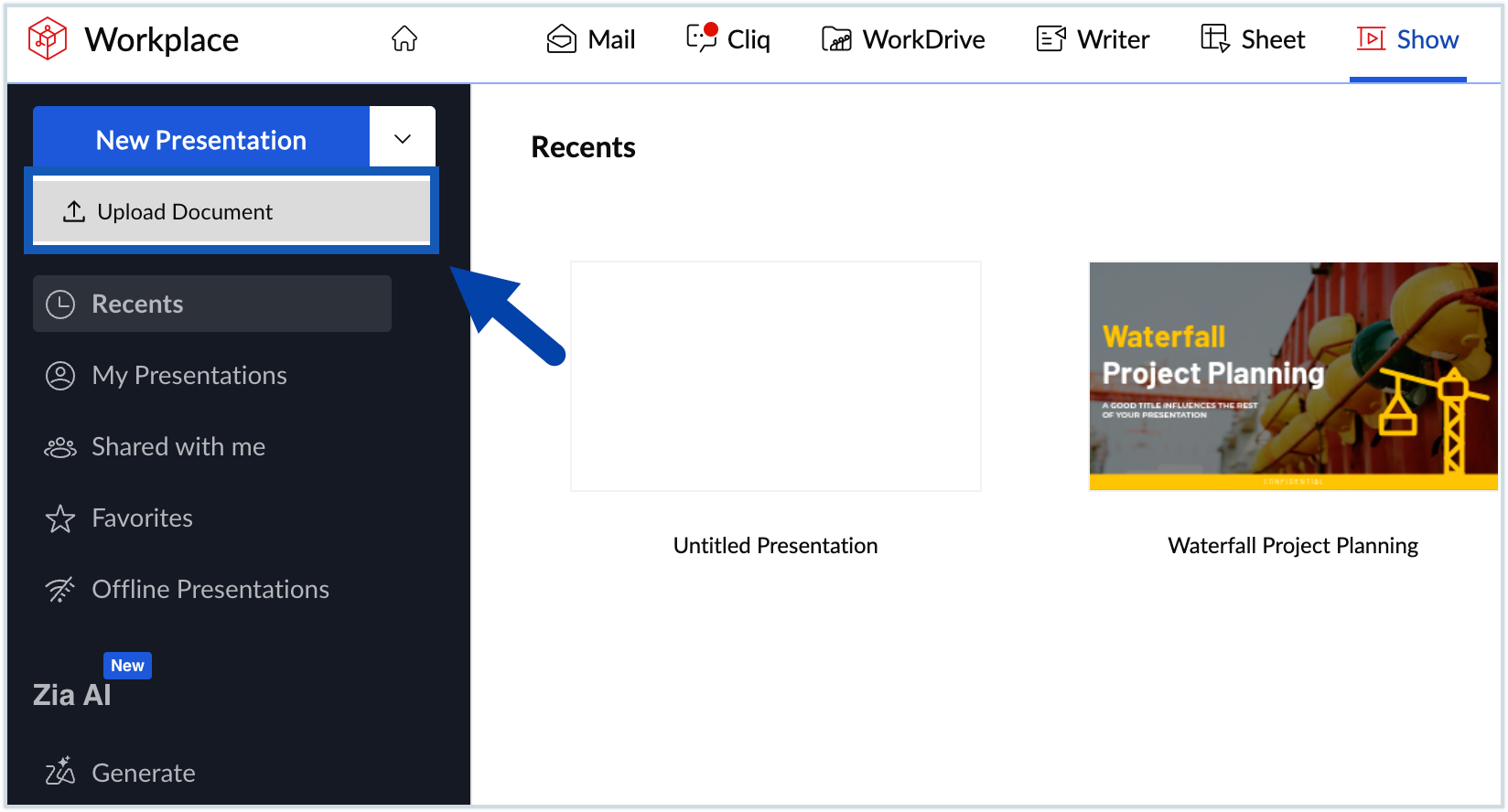 Screenshot to upload a presentation