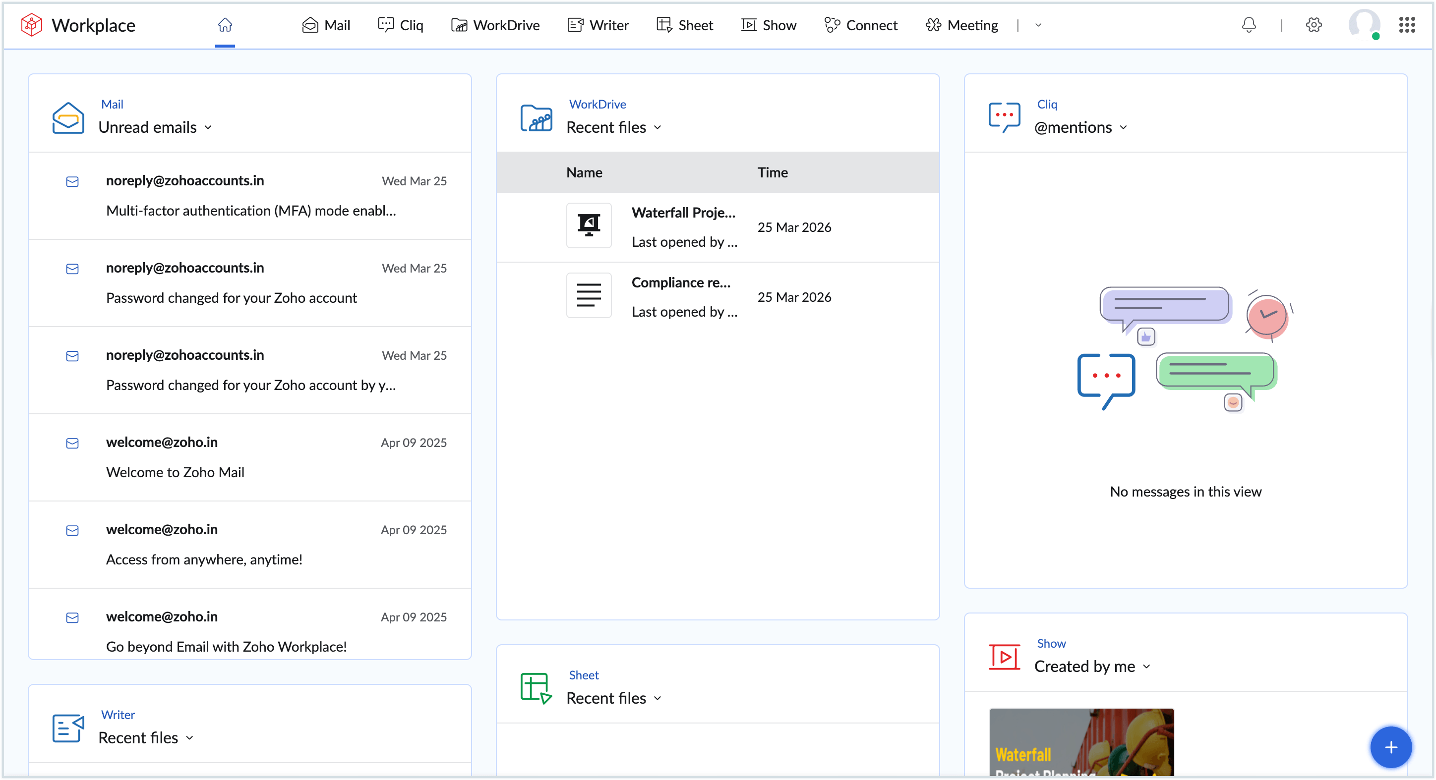 Screenshot of workplace dashboard