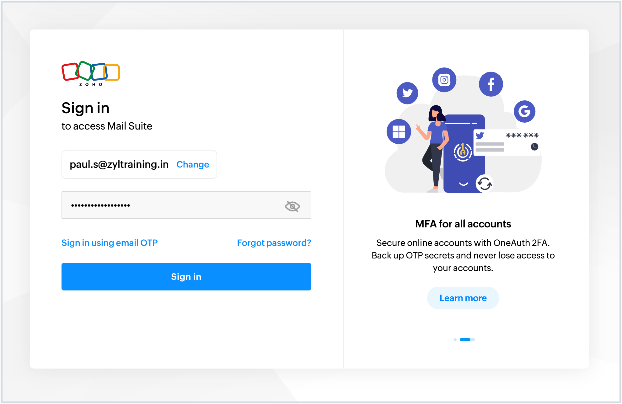 Screenshot of password change pop-up