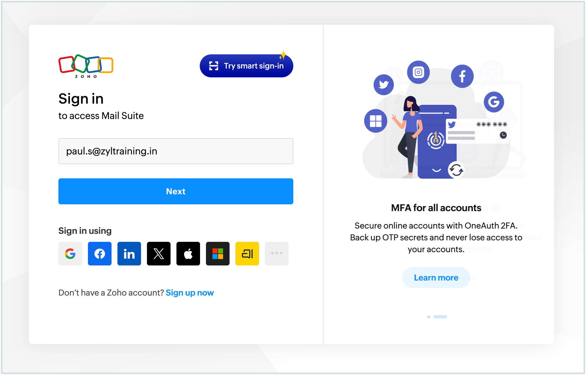 Screenshot of the sign in page