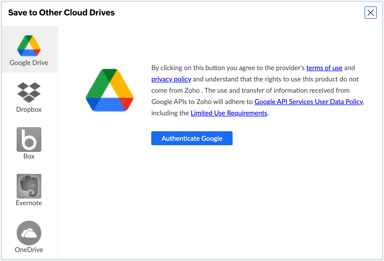 Screenshot of cloud drive authentication