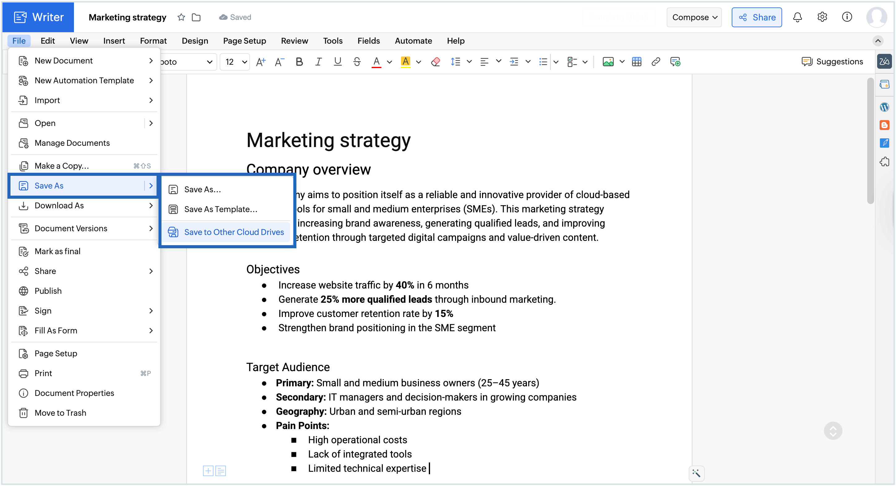 Screenshot of the save to cloud option