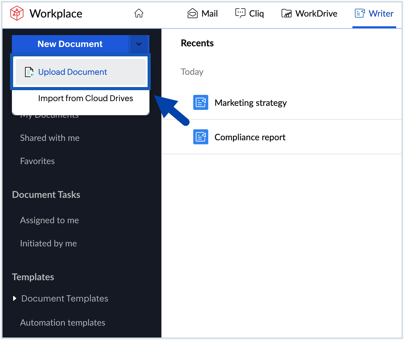 Screenshot to upload a doc